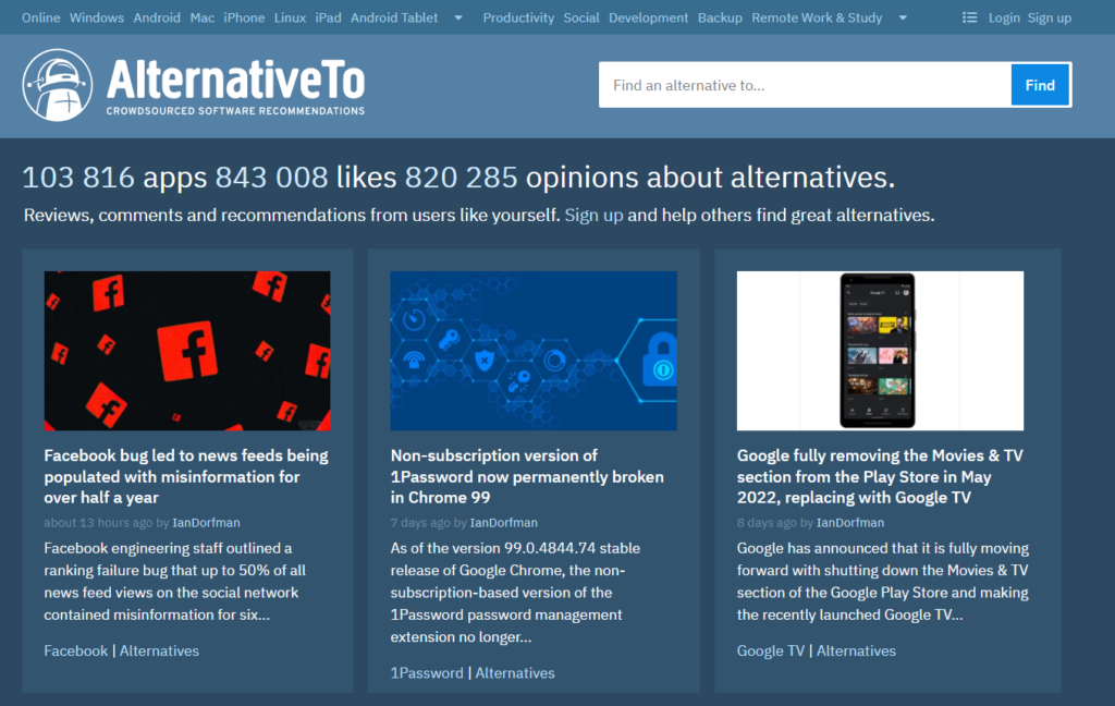 AlternativeTo homepage