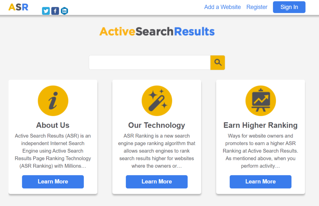 Page d'accueil des résultats de la recherche active