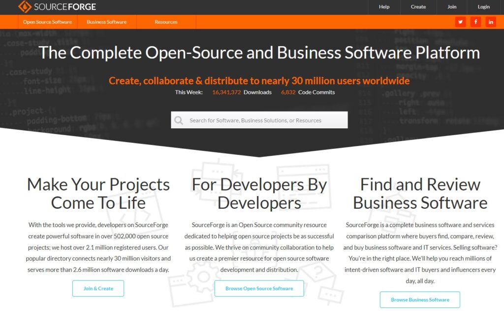 Page d'accueil de SourceForge