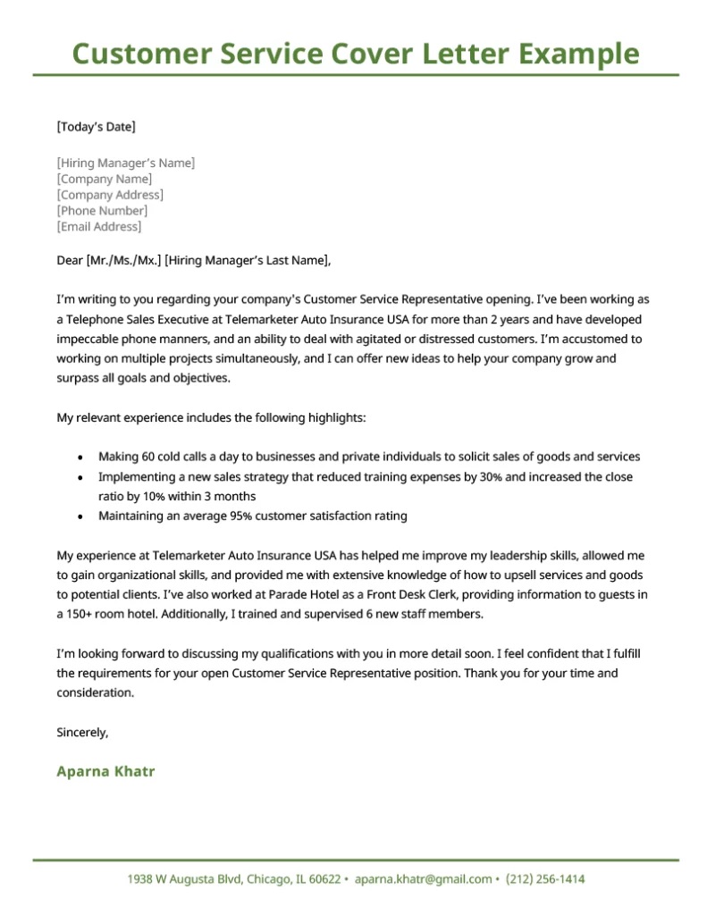 example cover letter for resume customer service