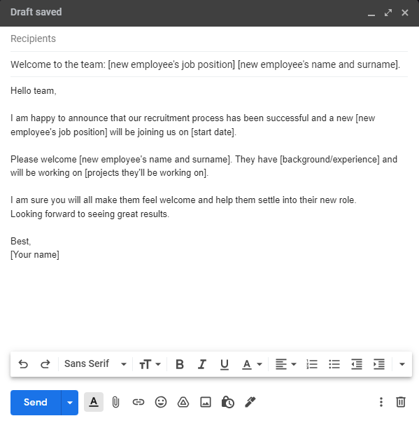 New Employee Introduction Email To Team Welcome Announcement Sample 