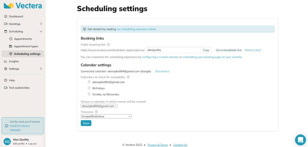 Un'immagine che mostra le impostazioni delle riunioni di Vectera Scheduling con l'opzione per ottenere un link incorporabile
