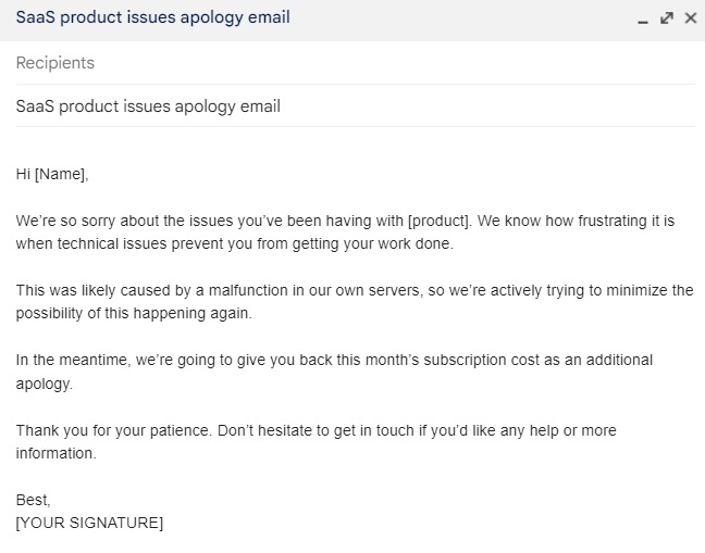 Product issues apology email teplate