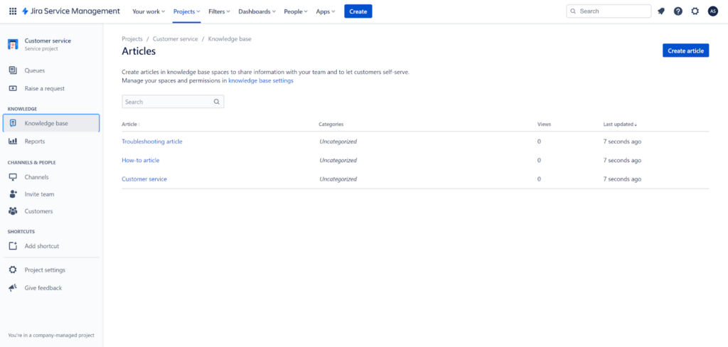 Jira Service Management - Άρθρα γνωσιακής βάσης