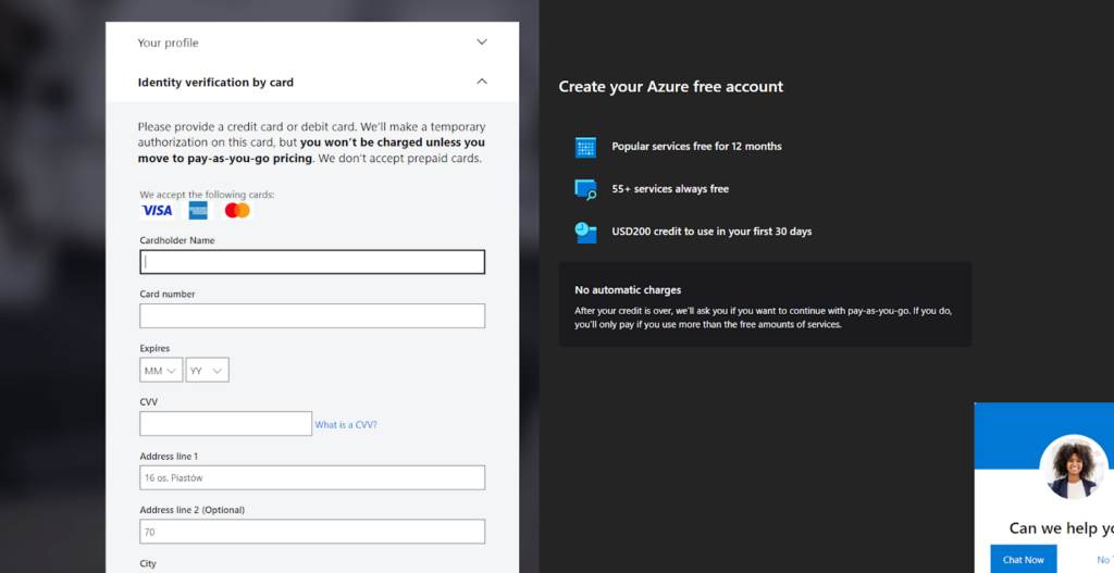 Microsoft Azure - verificación de identidad por tarjeta