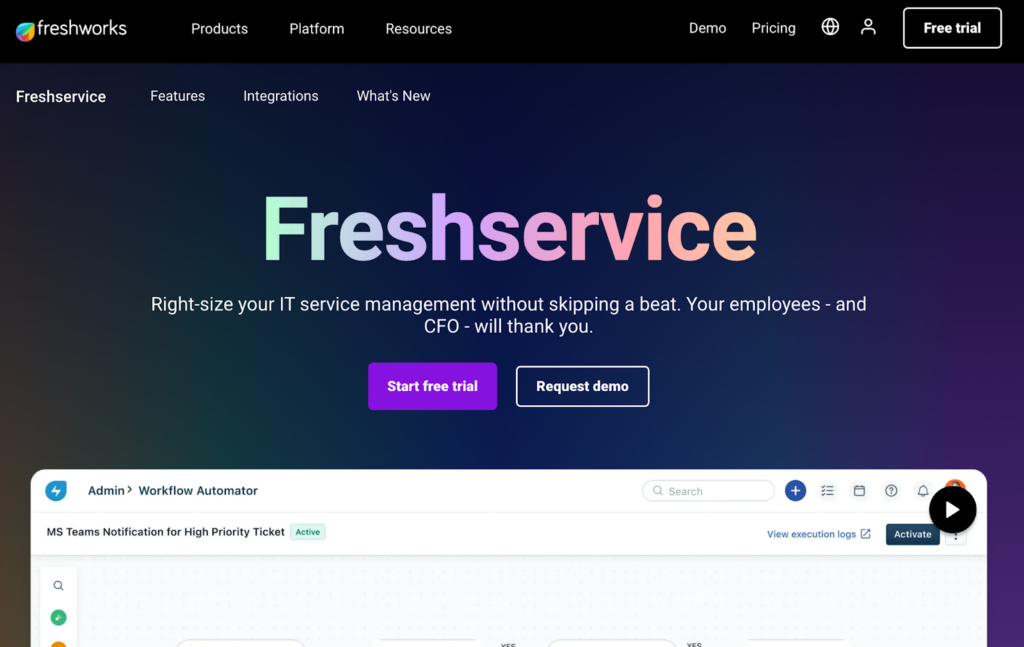 Freshservice It ticketing system homepage