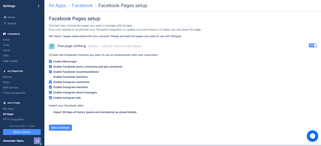 Gorgias - Configurarea paginii de Facebook