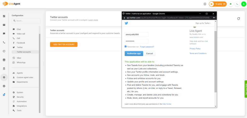LiveAgent - Authorize Twitter application