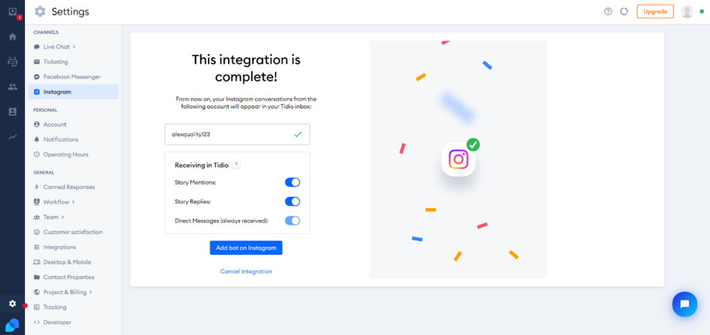 Tidio - Ενσωμάτωση Instagram