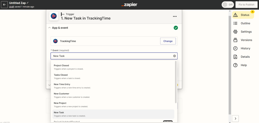 Zapier - új feladat a TrackingTime-ban