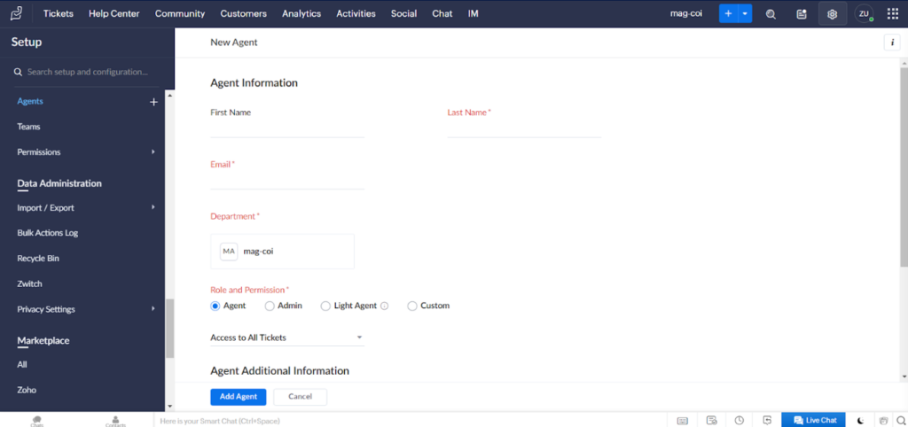 Zoho Desk - adăugarea unui nou agent