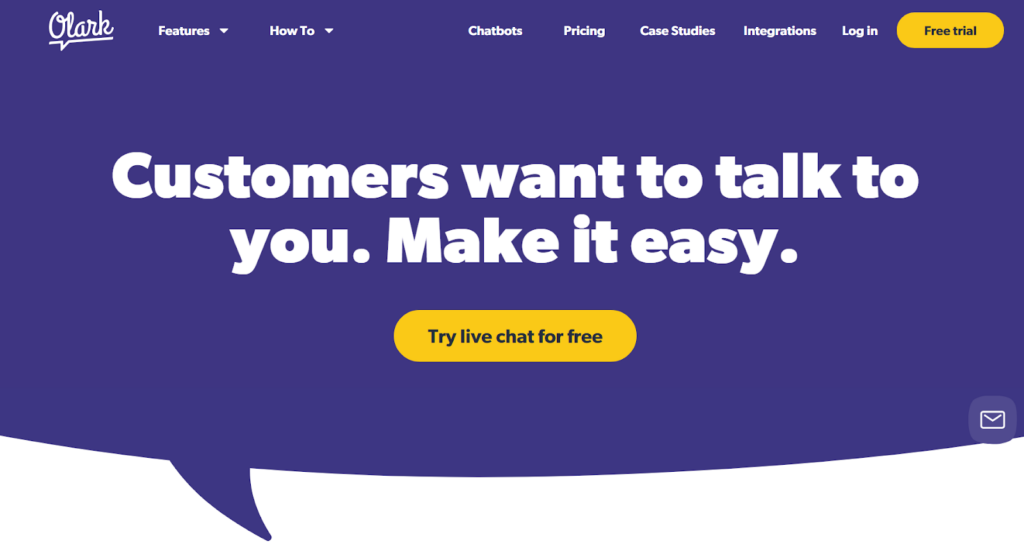 Homepage di Olark - software di live chat accessibile per l'e-commerce