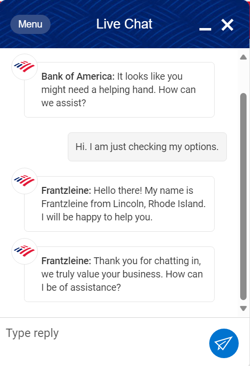 online chat bank of america