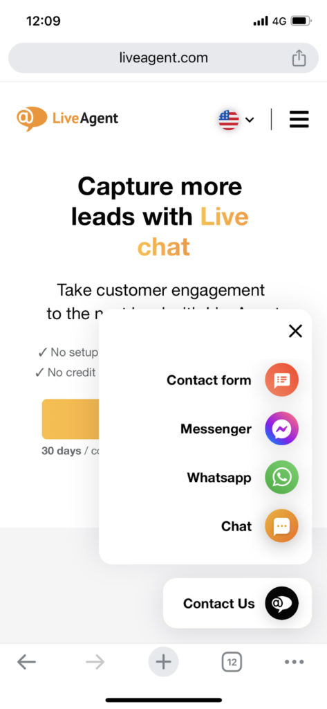 Image showing a screenshot of LiveAgent's live chat widget allowing for communication through multiple channels including social media