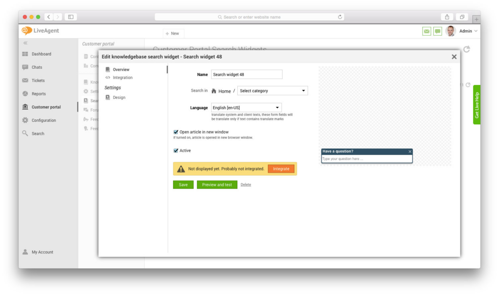 Edit knowledge base search widget in LiveAgent