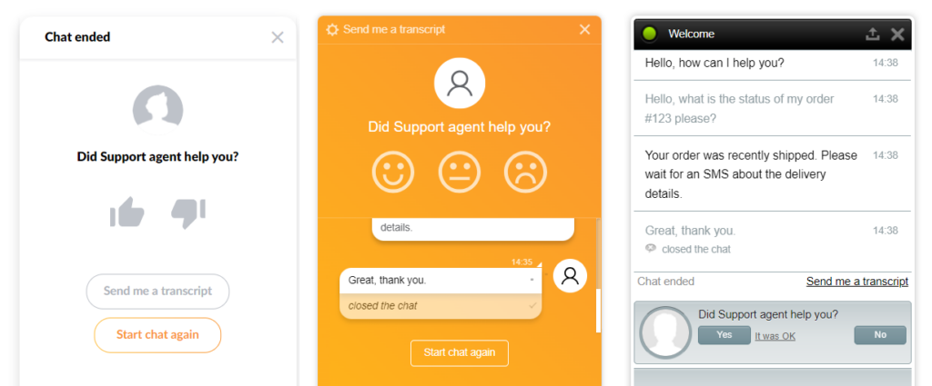 Image showing three examples of how to collect customer satisfaction ratings after a live chat interaction ended