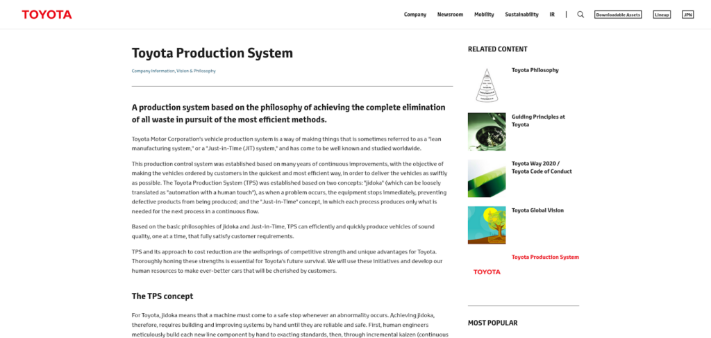 Captura de tela da página do sistema de produção da Toyota