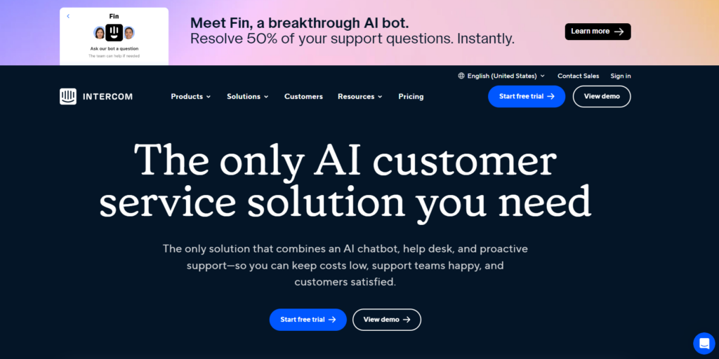 Intercom homepage - AI-focused ecommerce live chat software