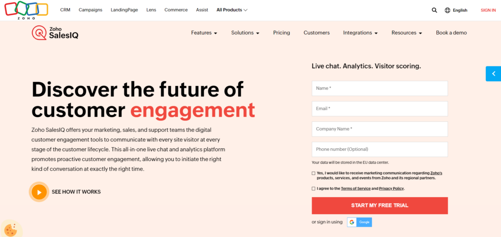 Zoho SalesIQ homepage - customer engagement ecommerce live chat software