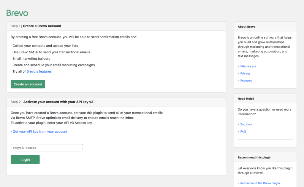 A web page showing steps to create and activate a Brevo account for email services.