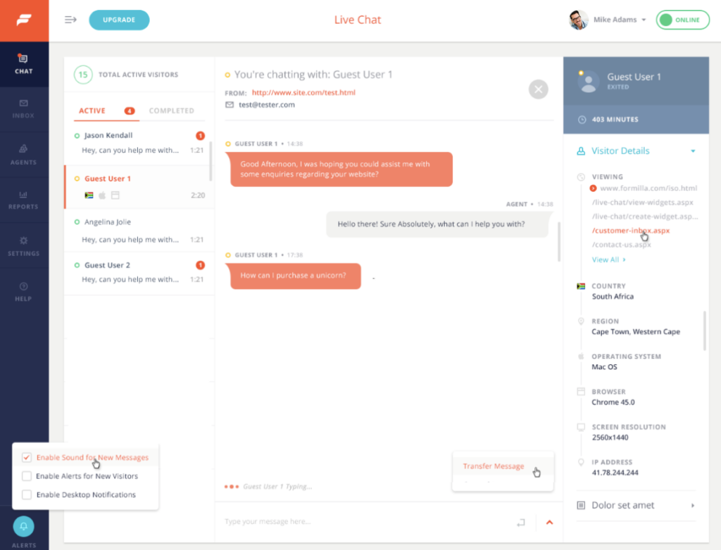 Live chat support dashboard with a user asking how to purchase an item.