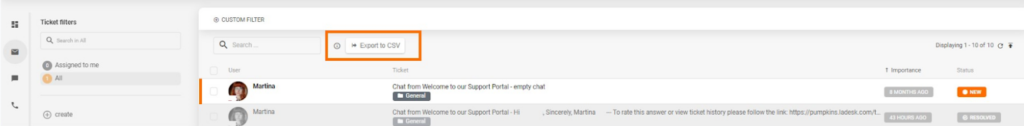 The Export tickets into CSV function in LiveAgent’s ticketing system