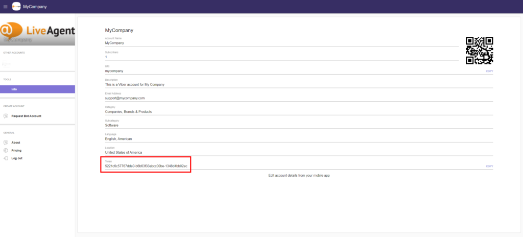 Image shows where to find the token necessary for Viber integration