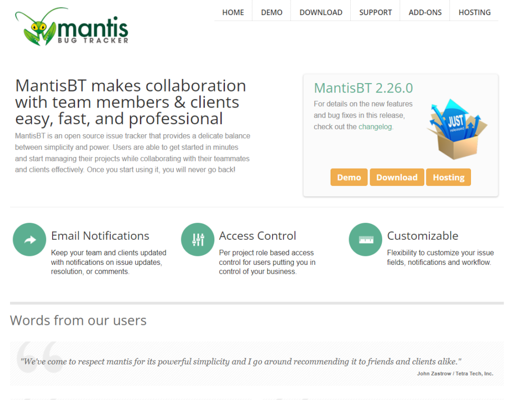 MantisBT, an open source bug-tracking system for team collaboration.