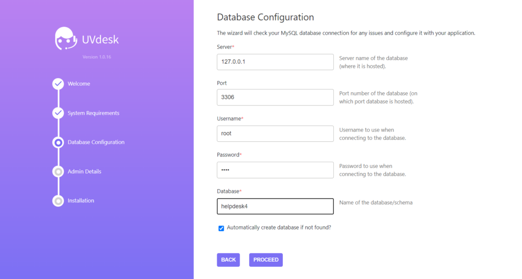 An example of UVdesks’s installation wizard