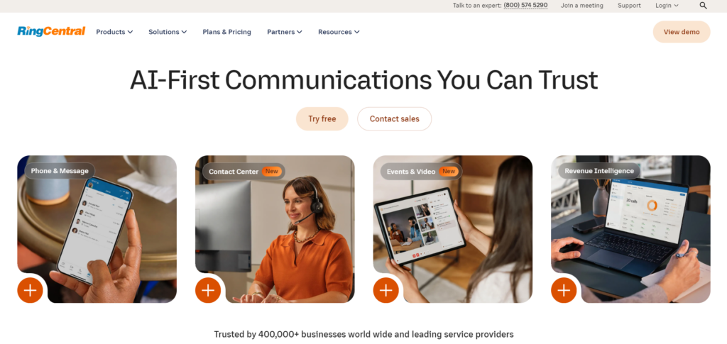 Página de inicio de RingCentral: herramienta de comunicación impulsada por IA