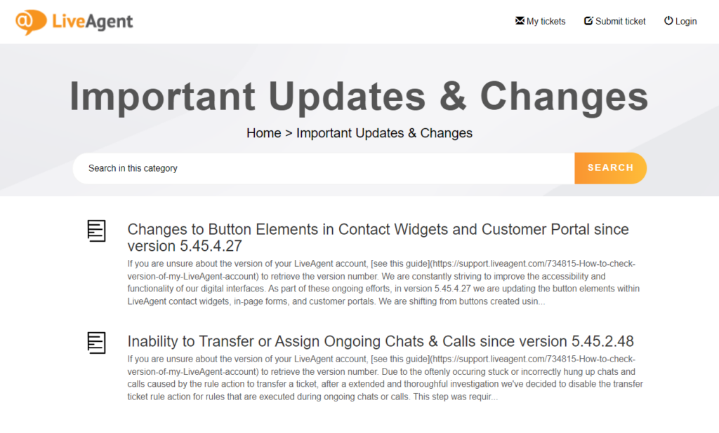 Base de conhecimento do Liveagent, nova categoria de atualizações e mudanças importantes