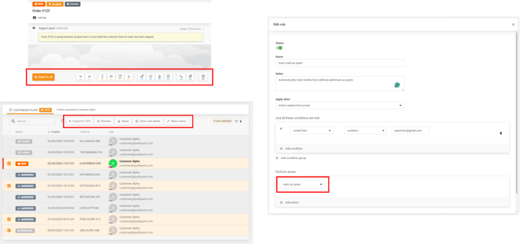 Screenshot of how to set up a rule for changing ticket status in LiveAgent