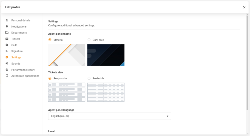 Pantalla de configuración de perfil con temas del panel de agentes y la opción de establecer la nueva vista de tickets adaptable.