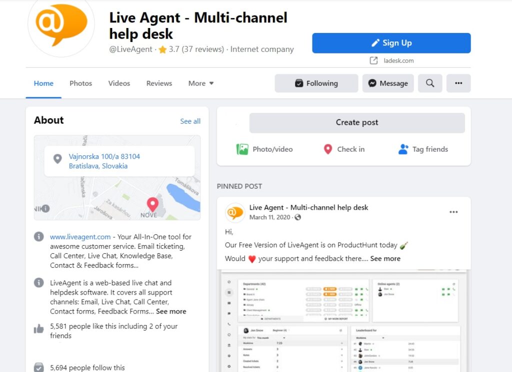 LiveAgent - Facebook homepage