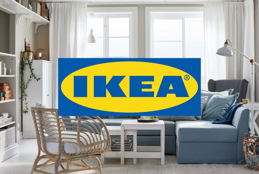 Image of Ikea's logo showcasing also their furniture