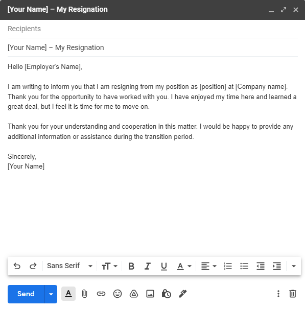 Formal Resignation Email Example