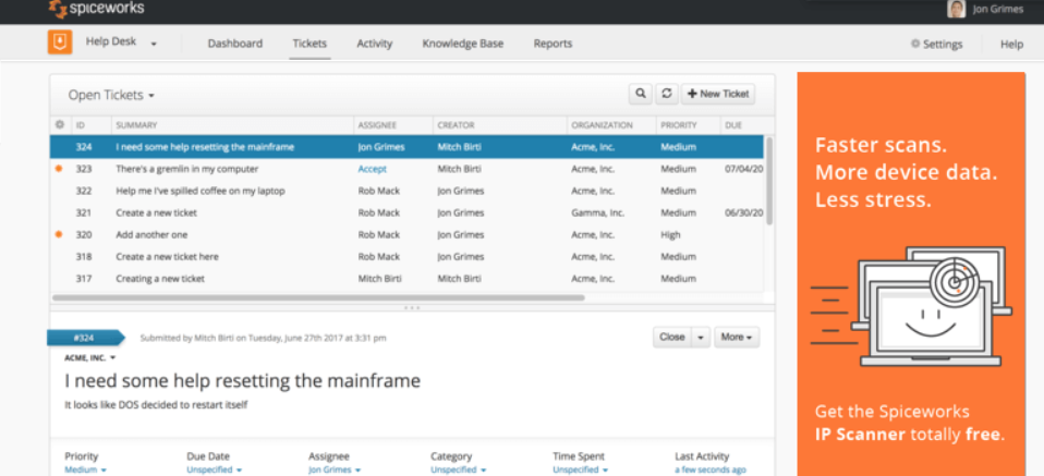 Spiceworks free ticketing service