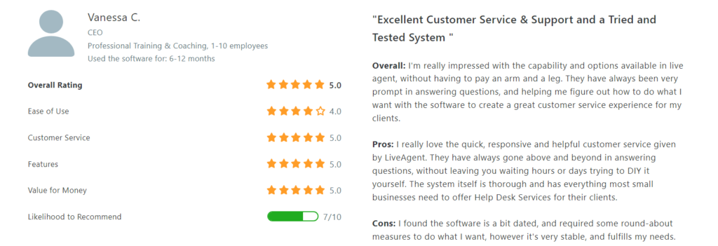 Review from customer shows their satisfaction with the level of customer support received from LiveAgent