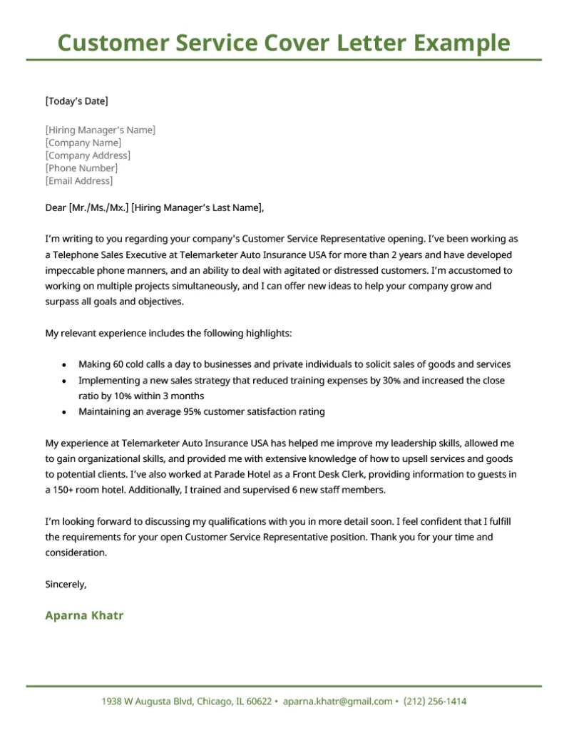 Customer service cover letter example